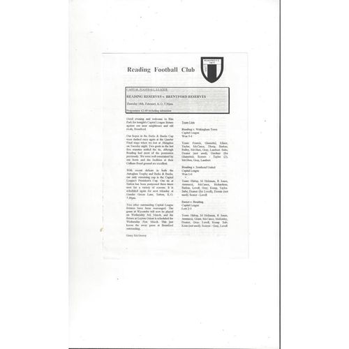 Reading v Brentford Reserves Football Programme 1992/93