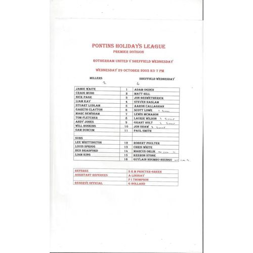 Rotherham United v Sheffield Wednesday Reserves Football Programme 2003/04