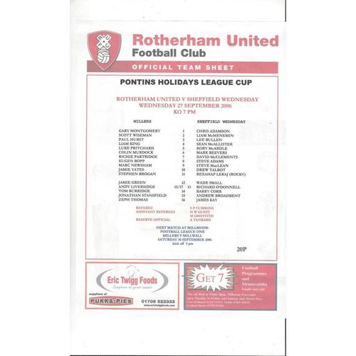 Rotherham United v Sheffield Wednesday Reserves League Cup Football Programme 2006/07