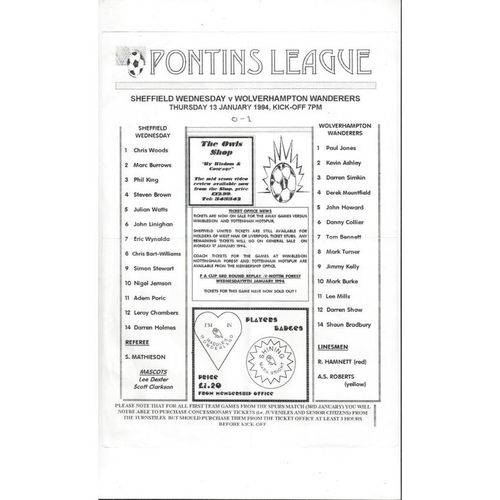 Sheffield Wednesday v Wolves Reserves Pontins League Football Programme 1993/94