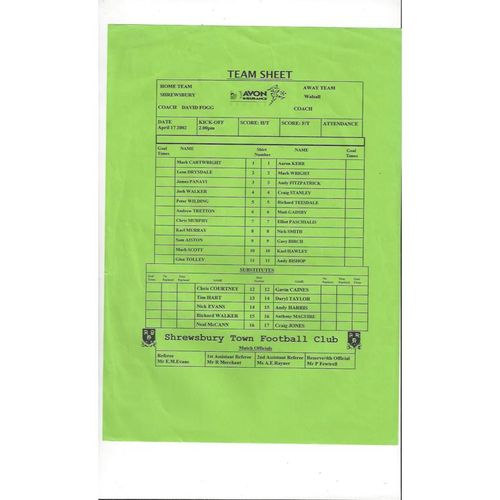 Shrewsbury Town v Walsall Reserves Football Programme 2001/02