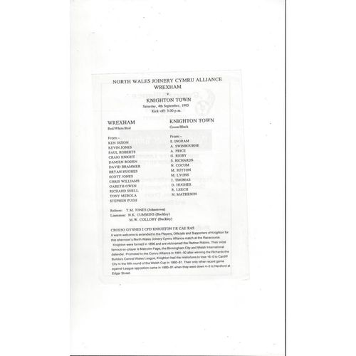 Wrexham v Knighton Town Reserves Football Programme 1993/94