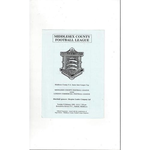 Middlesex v London Commercial Jnr League Cup Final Football Programme 1992/93