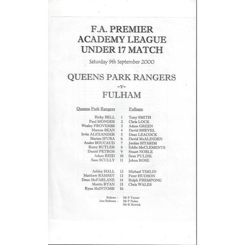 Queens Park Rangers v Fulham U17 League Football Programme 2000/01