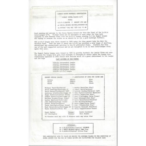 1980/81 Regent Jnr League v Comb of Youth Clubs U14 Sunday Final Programme