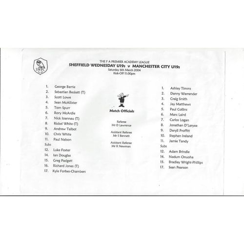 Sheffield Wednesday v Manchester City U19 Football Programme 2003/04
