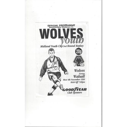 Wolves v Walsall Mids Youth Cup Replay Football Programme 1996/97