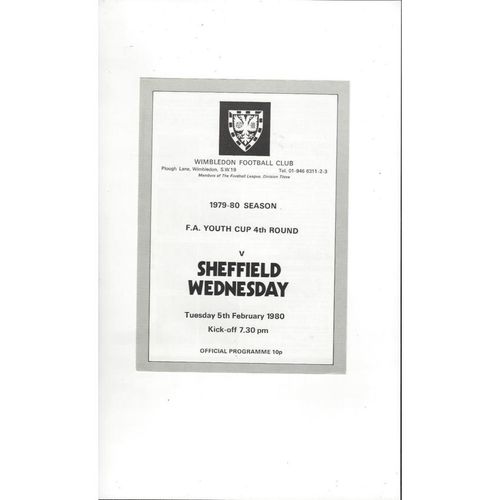 Wimbledon v Sheffield Wednesday FA Youth Cup Football Programme 1979/80
