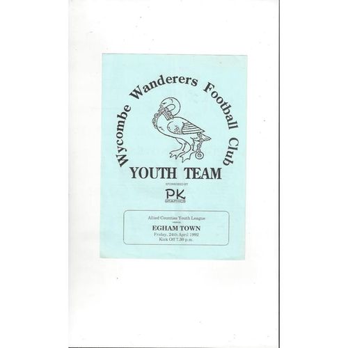 Wycombe Wanderers v Egham Town Youth League Football Programme 1991/92
