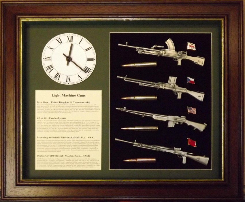 Wall mounted 1/6 pewter gun collection with clock