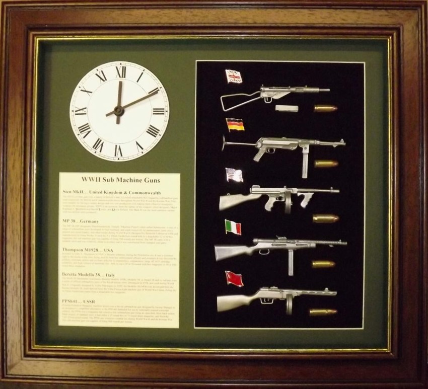 Wall mounted 1/6 pewter gun collection with clock