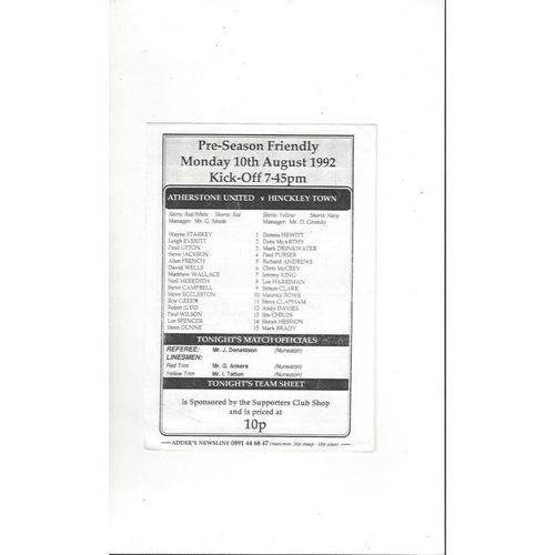 Atherstone United v Hinckley Town Friendly Football Programme 1992/93