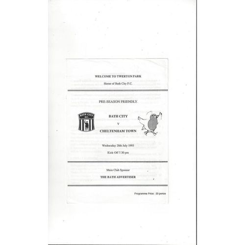 Bath City v Cheltenham Town Friendly Football Programme 1993/94