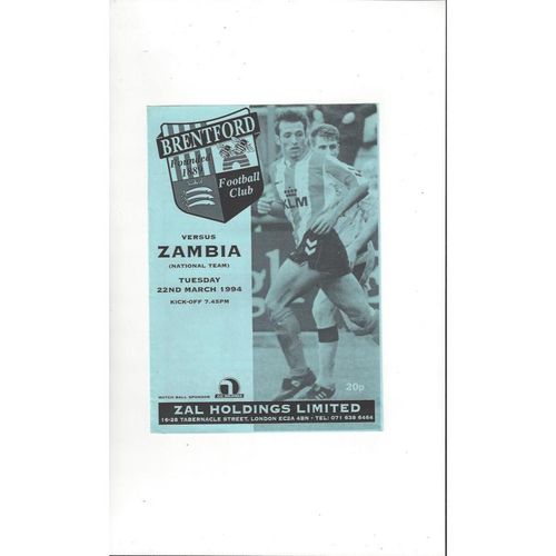Brentford v Zambia National Team Friendly Football Programme 1993/94