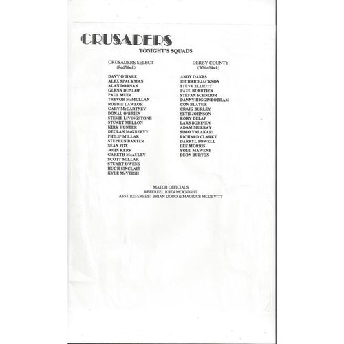 Crusaders v Derby County Glenn Dunlop Testimonial Football Programme + Ticket & Team Sheet 2000/01