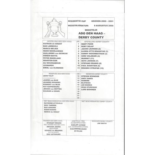 Den Haag v Derby County Friendly Football Programme + Team Sheet 2000/01