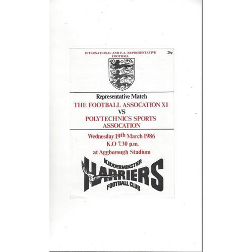 FA X1 v Polytechnics Sports Friendly Football Programme 1985/86 @ Kidderminster