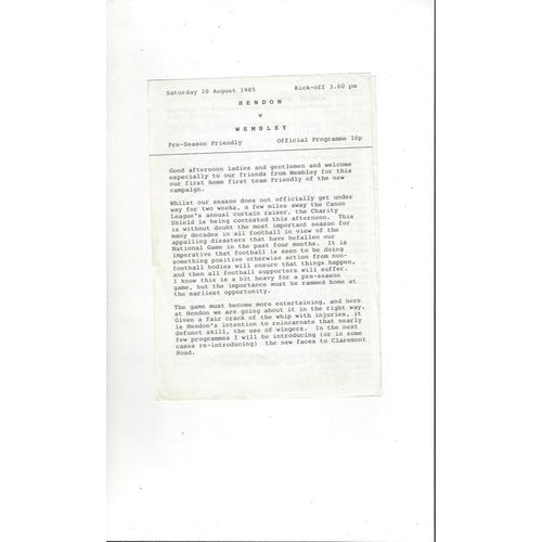 Hendon v Wembley Friendly Football Programme 1985/86