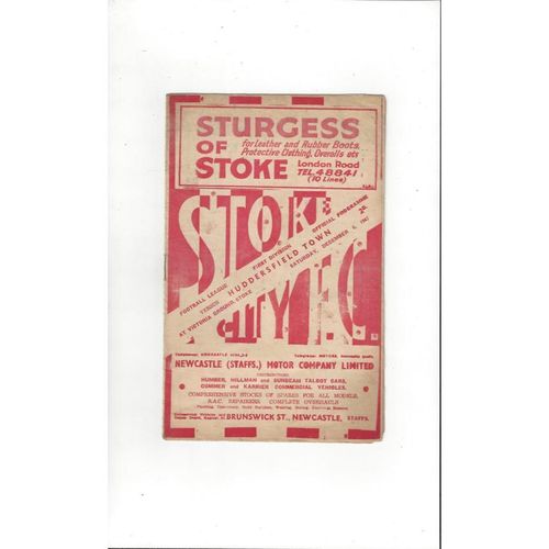 1947/48 Stoke City v Huddersfield Town Football Programme