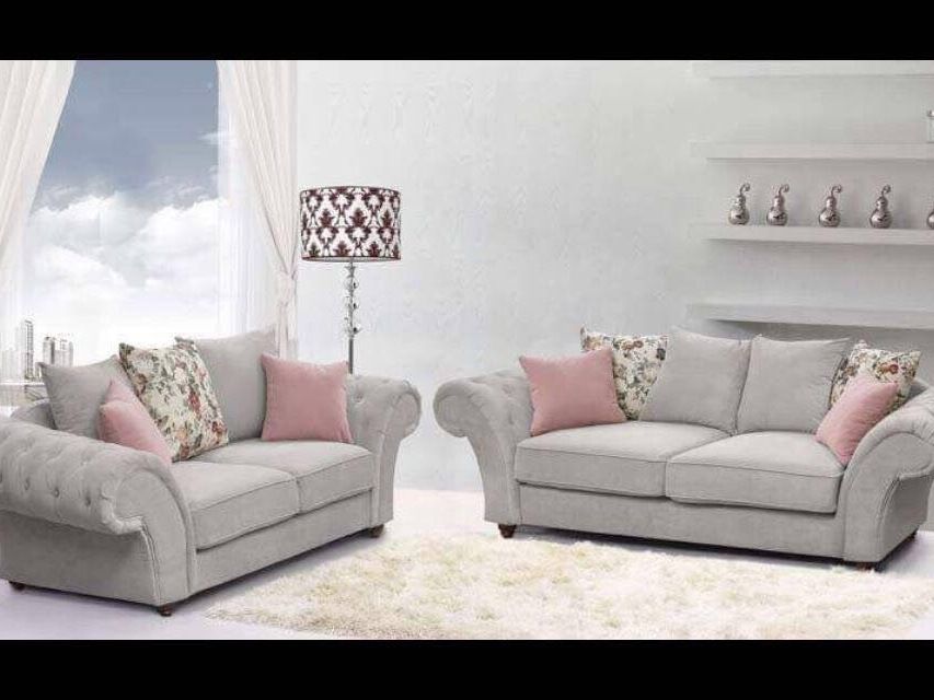 ANNABELLE 3+2  SOFA IN KEIRA SILVER WITH FLORAL SCATTERS