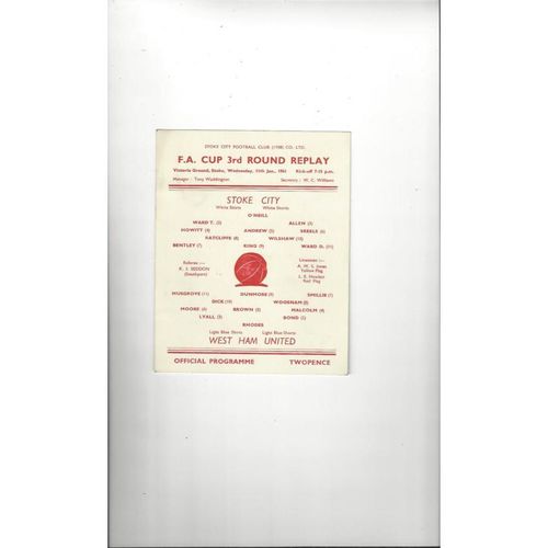 1960/61 Stoke City v West Ham United FA Cup Replay Football Programme. January 11th