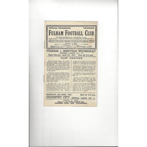 1946/47 Fulham v Sheffield Wednesday Football Programme