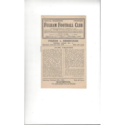 1947/48 Fulham v Birmingham City Football programme