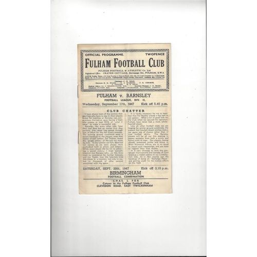 1947/48 Fulham v Barnsley Football Programme