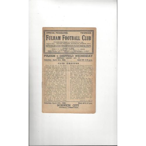 1947/48 Fulham v Sheffield Wednesday Football Programme