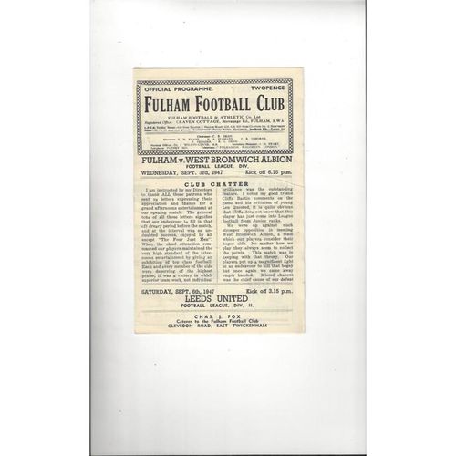 1947/48 Fulham v West Bromwich Albion Football Programme