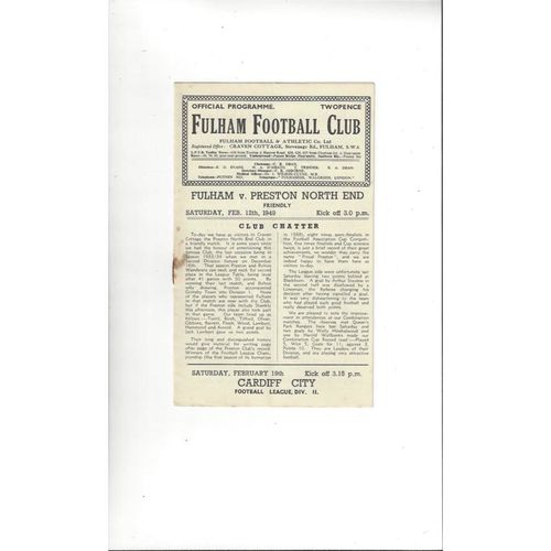 Fulham v Preston Friendly Football Programme 1948/49