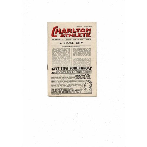 1947/48 Charlton Athletic v Stoke City Football Programme