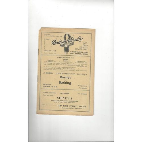 1948/49 Barnet v Barking London Senior Cup Football Programme