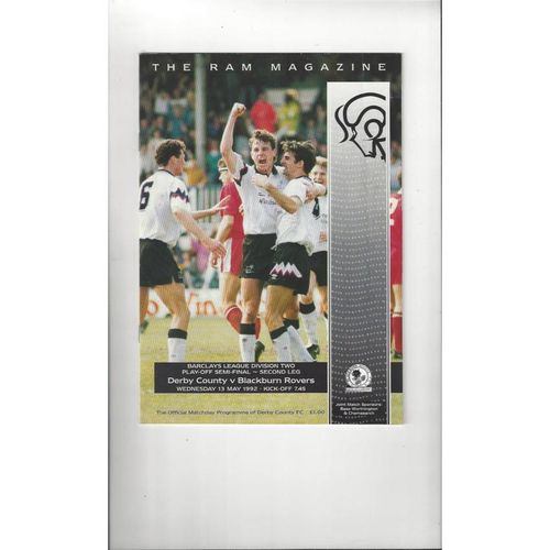 Derby County v Blackburn Rovers Play Off Football Programme 1991/92