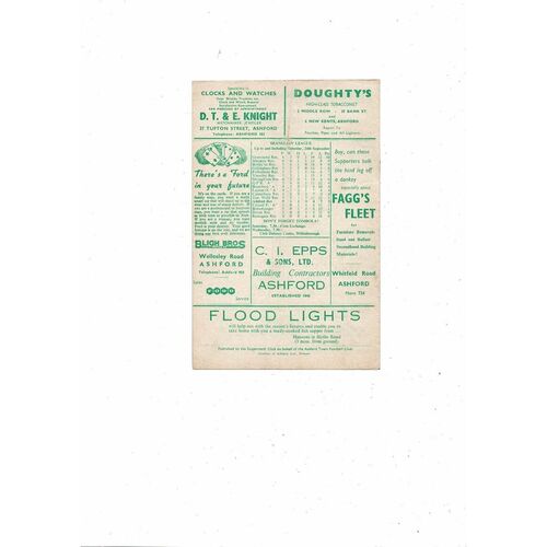 1960/61 Ashford Town (Kent) v Ramsgate Athletic Kent Floodlit Cup Football Programme