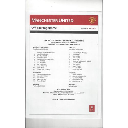 2011/12 Manchester United v Chelsea FA Youth Cup Semi Final Football Programme