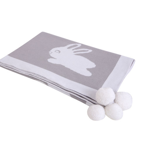 Bunny Blanket with White Pompoms - Grey