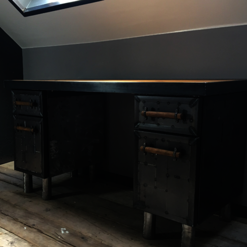 Industrial style metal 'patchwork' spot welded desk