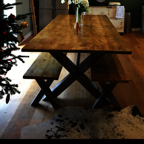 Huge industrial reclaimed wood table and benches