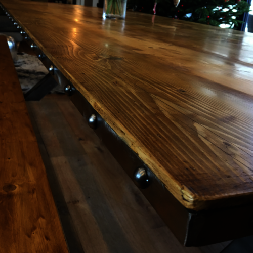 Huge industrial reclaimed wood table and benches