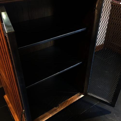 Upcycled oak cupboard with metal mesh doors