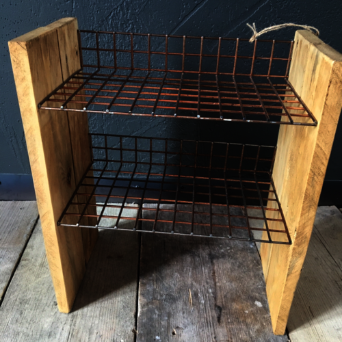 Small industrial mesh shelves with rustic wood