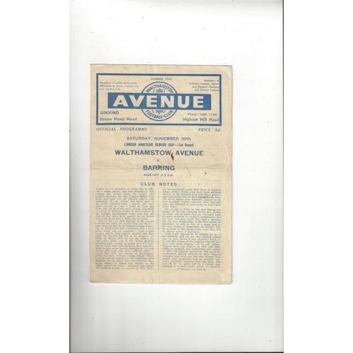 1957/58 Walthamstow Avenue v Barking London Amateur Cup Football Programme