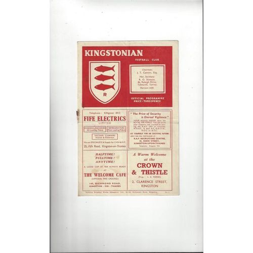 1952/53 Kingstonian v Dulwich Hamlet Football Programme
