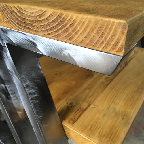 Reclaimed wood shiny metal TV stand