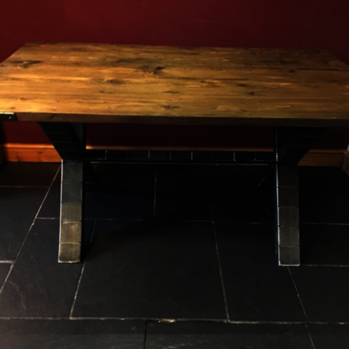 Industrial dining room table/display table with metal X legs - reclaimed wood