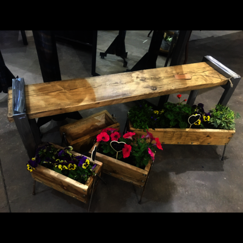 Rustic reclaimed scaffold bench with shiny metal legs