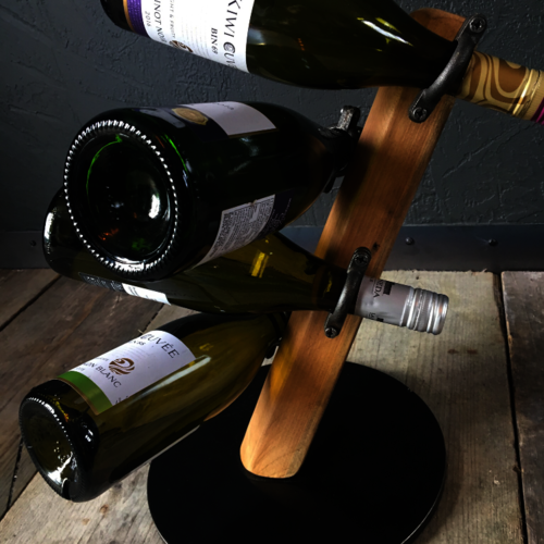 Unique wood & metal wine bottle holder (4 bottles)