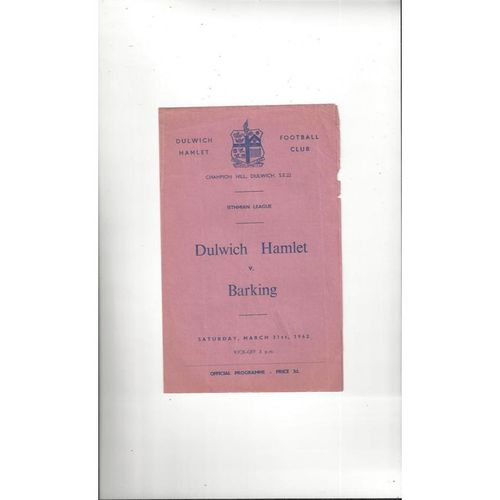1961/62 Dulwich Hamlet v Barking Football Programme