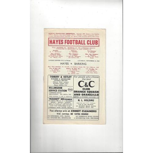 1964/65 Hayes v Barking London Senior Cup Football Programme
